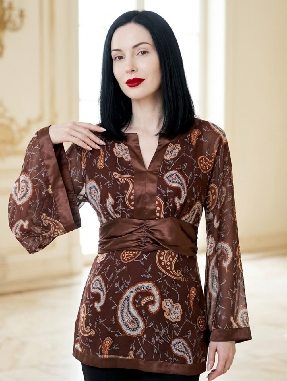 SILK👘KIMONO Style BEAUTIFUL FIT Paisley Women's Rich Brown SIDE ZIPPER Size M